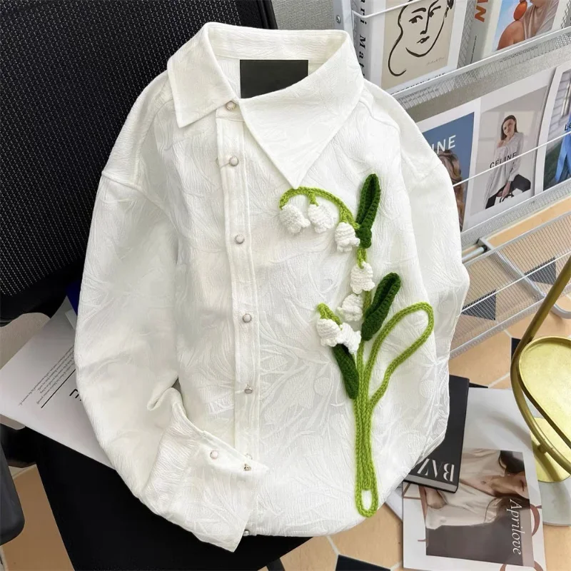 

Women Fashion 2025 Embroidery Tops Lady Casual Shirts Oversize Long Sleeve 3D Flower Shirt Blusa Feminina White Blouses