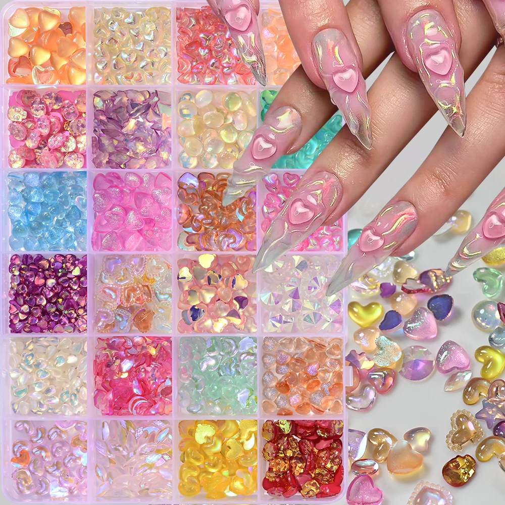 

About 500pcs/Box Colorful Glitter Heart Nail Art Charms Pink/Orange/Purple/Aurora Chameleon Heart Nail Rhinestone DIY Accessorie