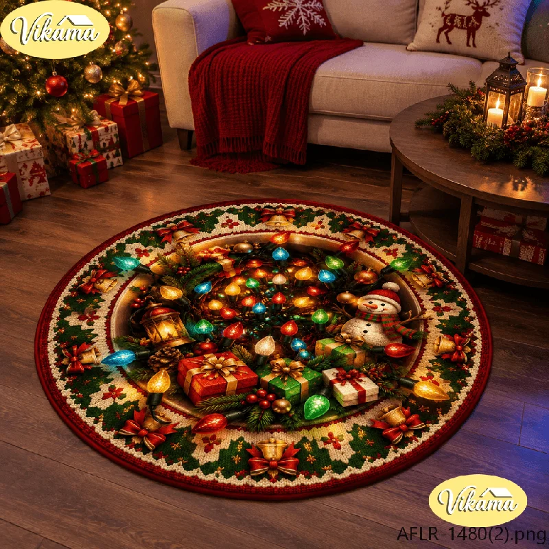 VIKAMA Christmas Elf Patchwork Round Area Rug Non Slip Washable Floor Mat for Living Room Entryway Holiday Home Decor