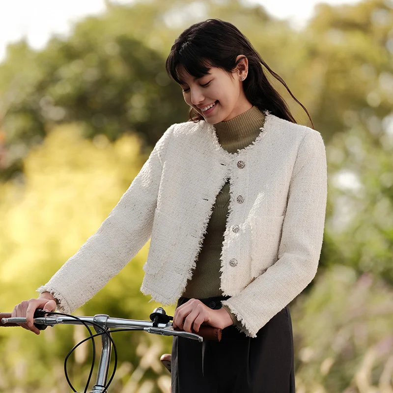 Semir-Chaqueta corta de Tweed con borde de piel para mujer, chaqueta ajustada de color blanco, estilo pequeño, fragante, Primavera, 2024