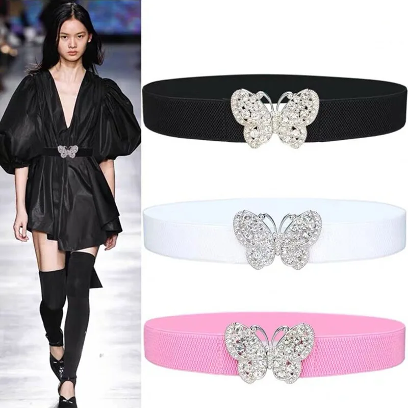 European and American cross-border butterfly pair buckle rhinestone inlaid belt women's decorative dress shirt elastic elastic b