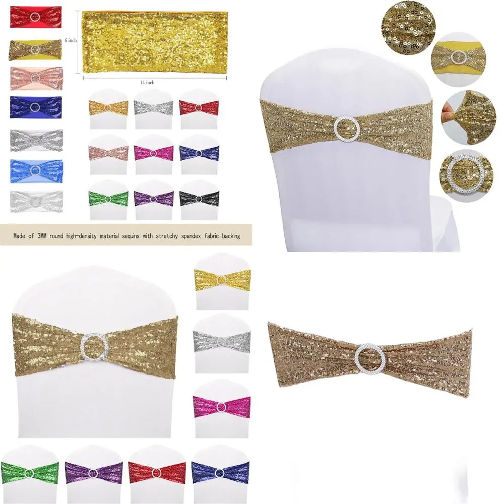 

50 Pack Champagne Sequin Chair Sashes for Stretchy Spandex Wedding Banquet Chair Decor