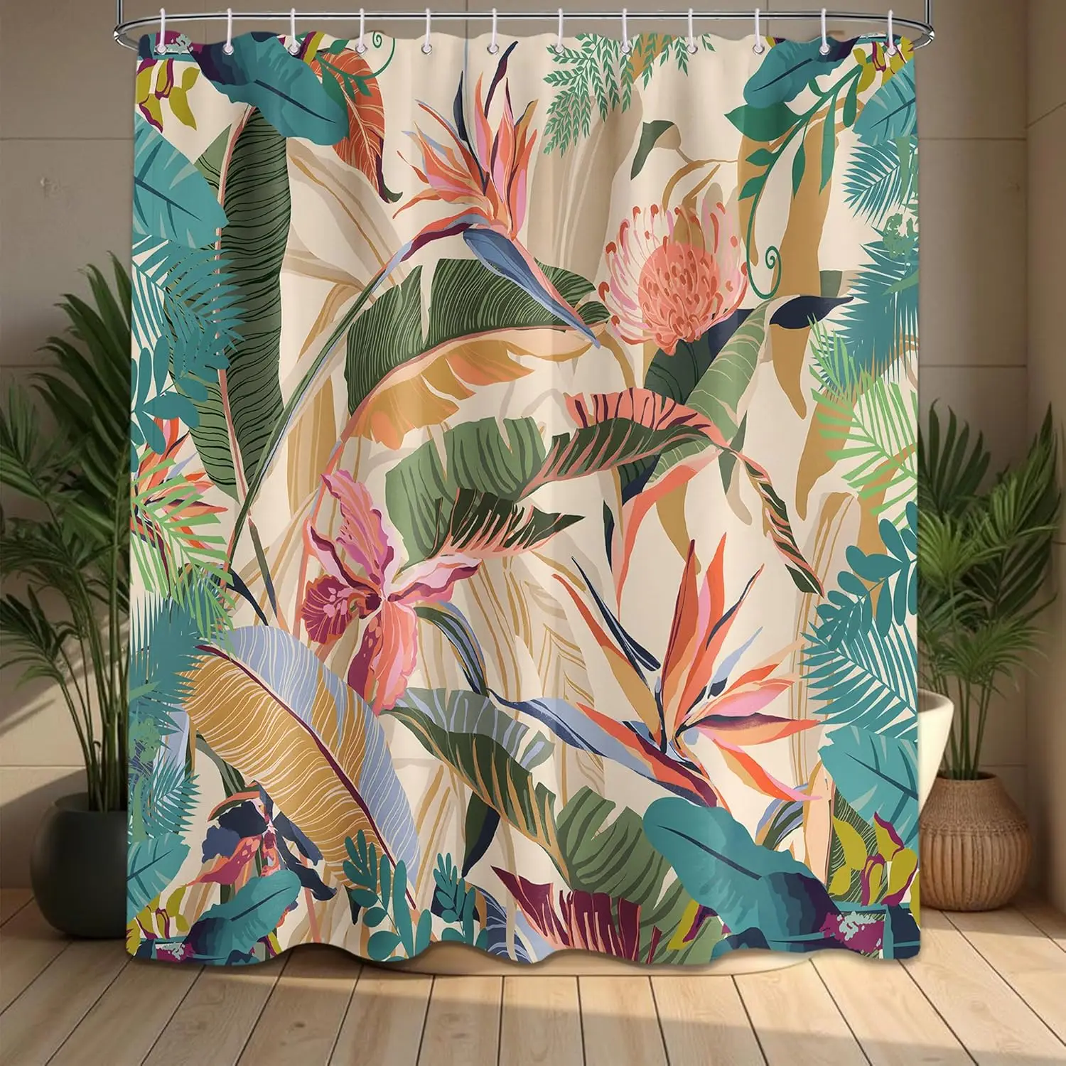 Tropical Palm Leaf Shower Curtain – Vibrant Jungle Leaves & Flowers, Exotic Bathroom Decor 71x71 inch with12 pc Hooks