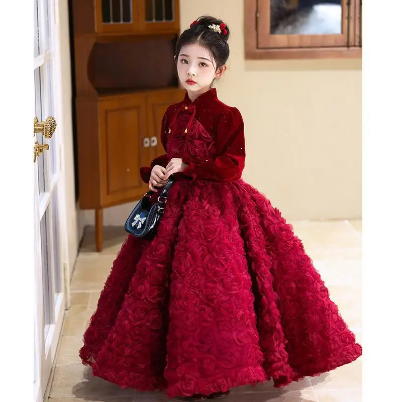 

Burgundy Vintage Long Sleeve Children's Autumn Winter New Dress with Floral Design High-end Feel Girls' Birthday Princess Dress