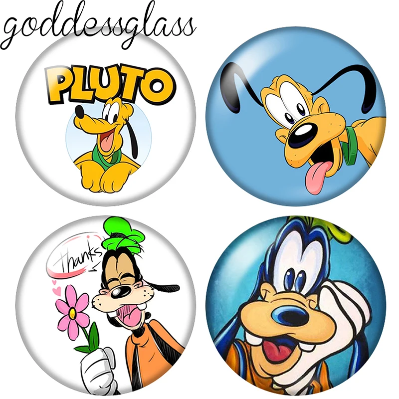 Pluto Gofy Dogs Cartoon 10 Stück runde 12 mm/18 mm/20 mm Foto-Glascabochons mit flacher Rückseite zur Herstellung von Schlüsselanhänger-Schmuck