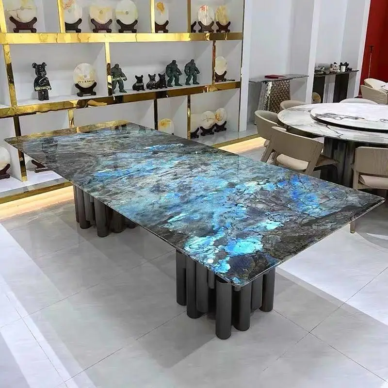 New blue jadeite luxury stone dining table, Italian light luxury rectangular table top
