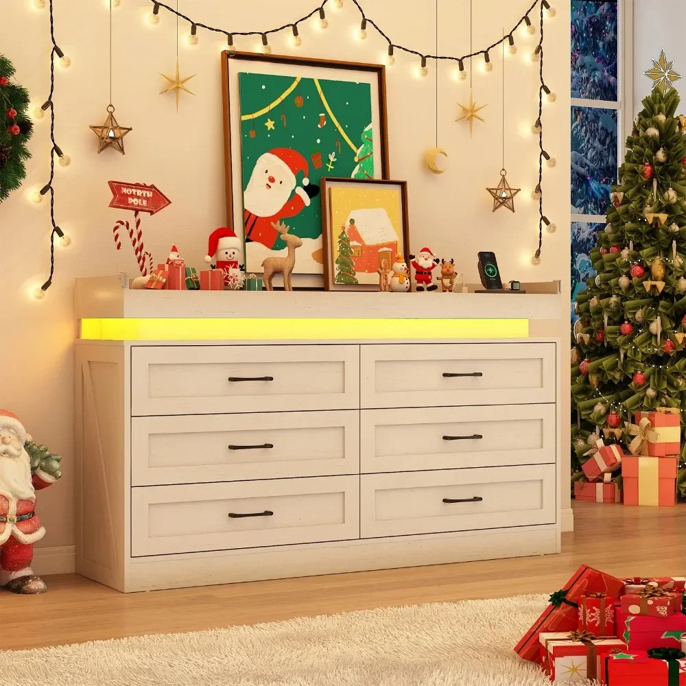 

6 Drawer Dresser with LED Light and Charging Station, Farmhouse Wardrobe, Bedroom, Living Room Wide Drawer Organizer