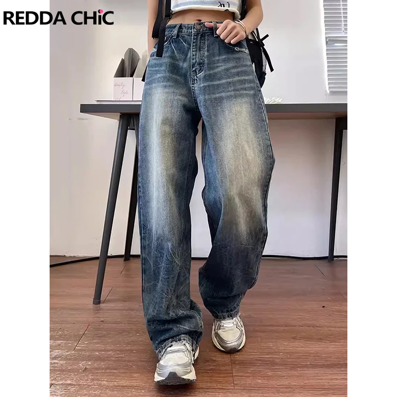 

REDDACHiC Vintage Blue Brushed Women's Baggy Jeans Loose Casual Frayed Wide Leg Pants High Waist Trousers Korean Y2k Streetwear