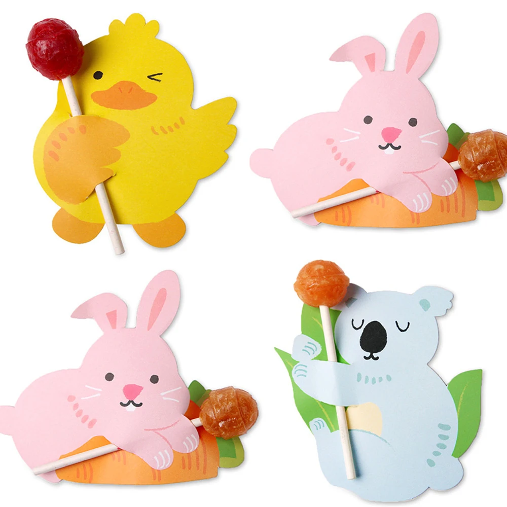 50pcs Carton Animal Rabbit Duck Bear Candy Lollipop Decorative Cards Kids Birthday Baby Shower Party Candy Gift Accessories