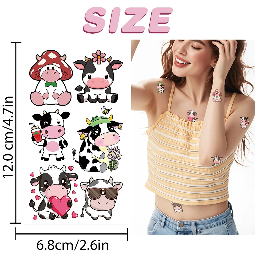 10PCS Cartoon Funny Cow Tattoo Stickers Fake Cow Tattoos Stickers Waterproof Funny For Kids Birthday Gift Kid Toys Body Stickers