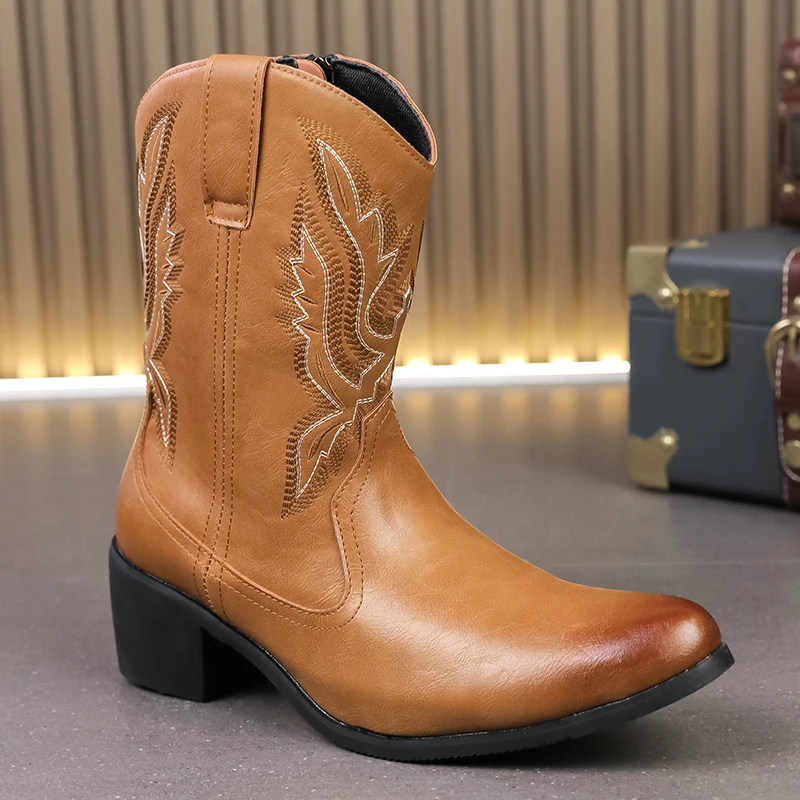 

Мужские высокие ботинки, модные ботинки челси в британском стиле, ковбойские сапоги с острым носком и вышивкой, повседневная обувь, увеличивающая рост