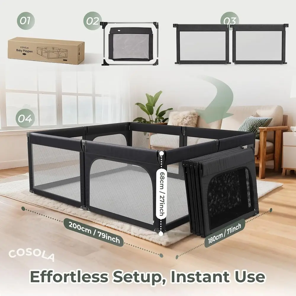 Adjustable Toddler Playpen, Large 79x71 Folding Safety Mesh Playard, Portable Baby Play Area Fence, Black