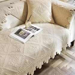 French Retro Cotton Quilted Sofa Covers for Living Room, Non-Slip Sofa Towel Mat, Cushion Cover, Couch Furniture Protector Case
