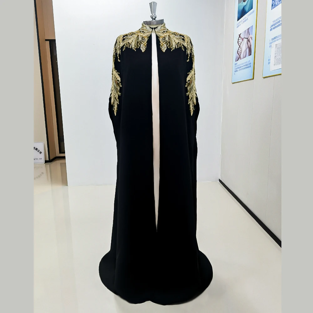 Saudi Arabia Elegant Luxurious Black High Necked Evening Dress with Gold Embroidery Female Floor Length Party Prom Gowns