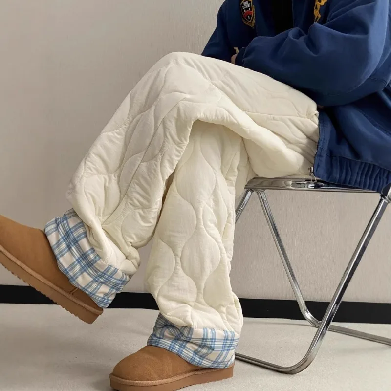 Autumn Winter Solid Color Gourd Pattern Warm Casual Trousers High Street Style Trendy Cuffed Plaid Wide Leg Cotton Pants