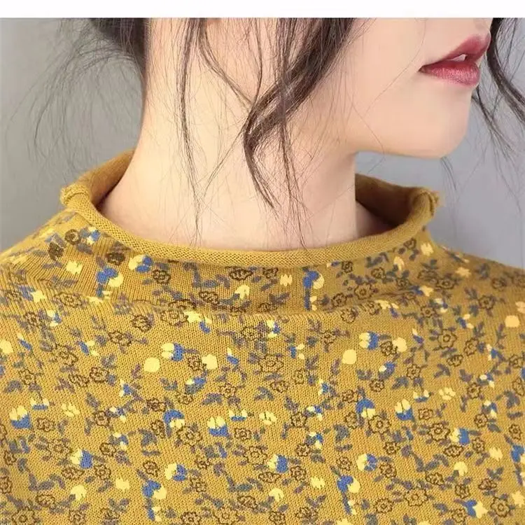 

Autumn 2025 Pure Cotton High Collar ort Knitted Long Sve T-irt Women's Base Layer Floral Print Slim Fit Soft Cotton Sw...