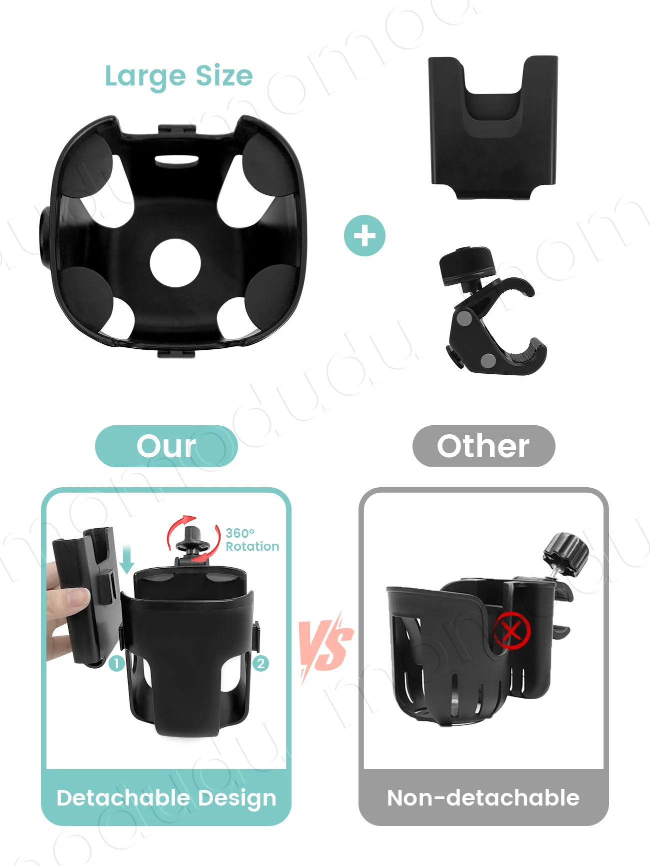 حامل أكواب لعربة الأطفال كبير الحجم 2 في 1 مع حامل هاتف - 360 درجة ° مشبك قابل للتعديل، حامل قابل للفصل #4