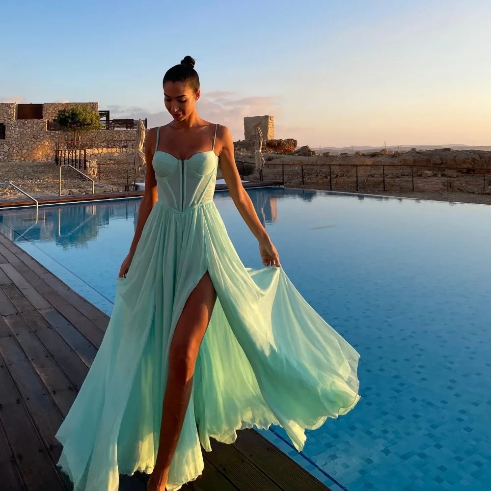 

Sexy Sage Green Prom Party Dress 2026 Spaghetti Straps Side Slit Chiffon A-line Long Evening Birthday Formal Gowns Banquet