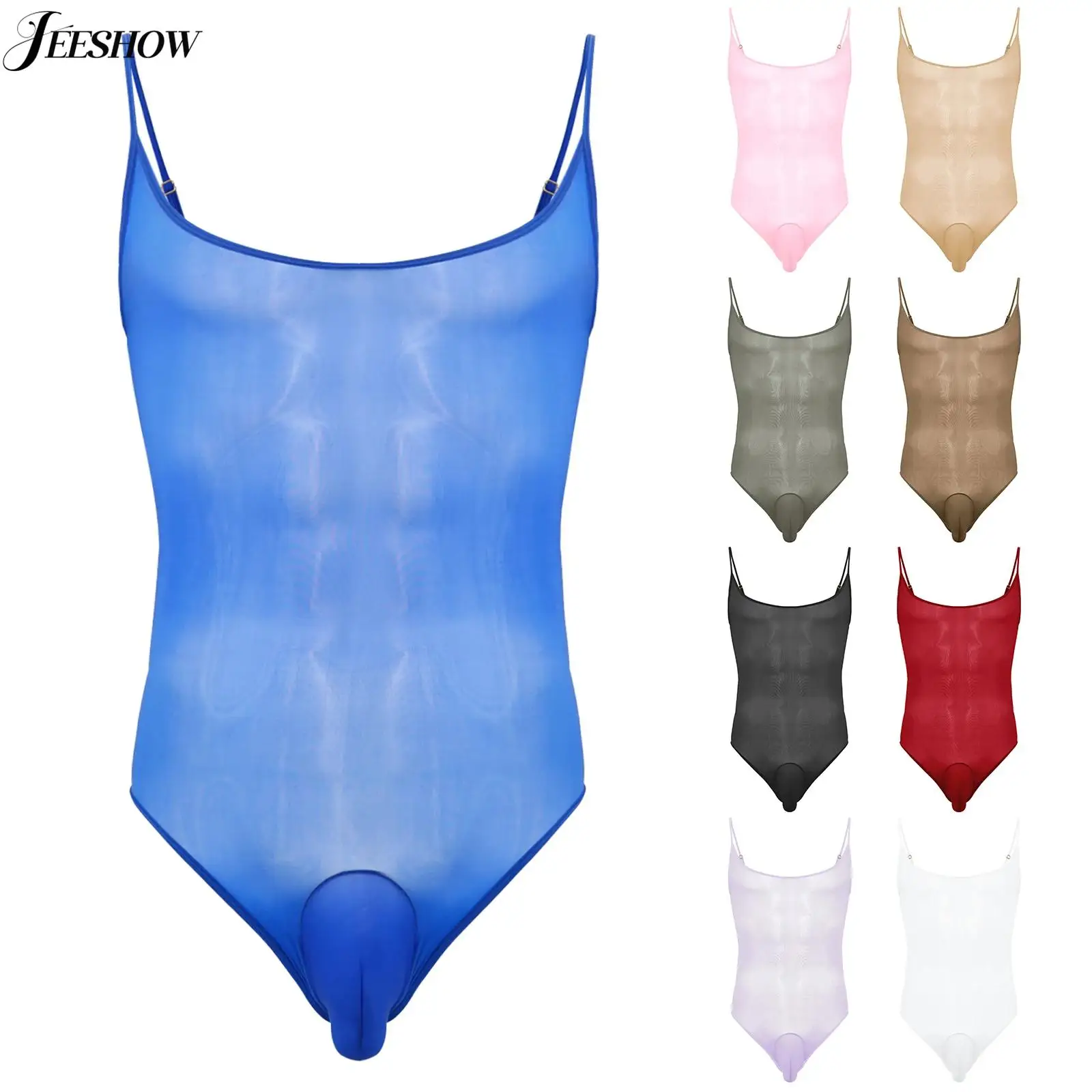 

Mens Sexy See Through Bulge Pouch Bodysuit Spaghetti Straps Sleeveless High Cut Sling Leotard Night Club Wear Tempting Nightwear