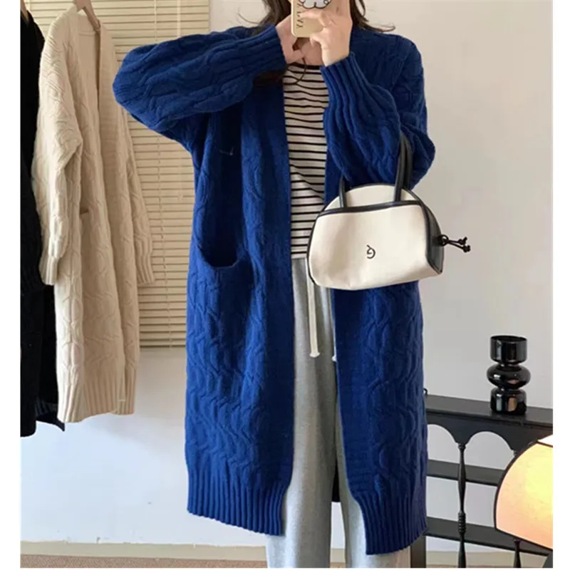 Korean Style V-Neck Cardigan for Women, Solid Color Mid-Long Lazy Knit Sweater, Soft Cozy Elegant Casual Outerwear