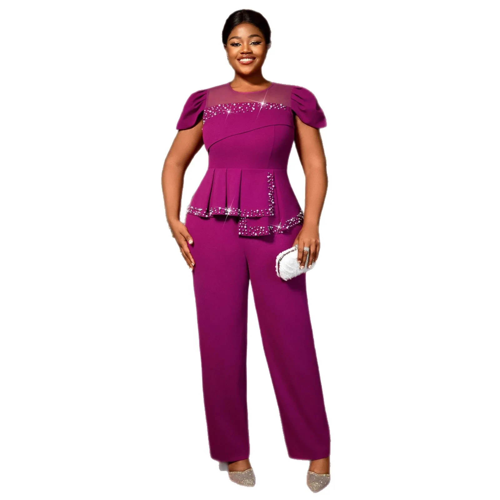 

L-4XL Plus Size African Clothes for Women Elegant Short Sleeve O-neck Polyester Party Evening Long Jumpsuit Africa Clothing