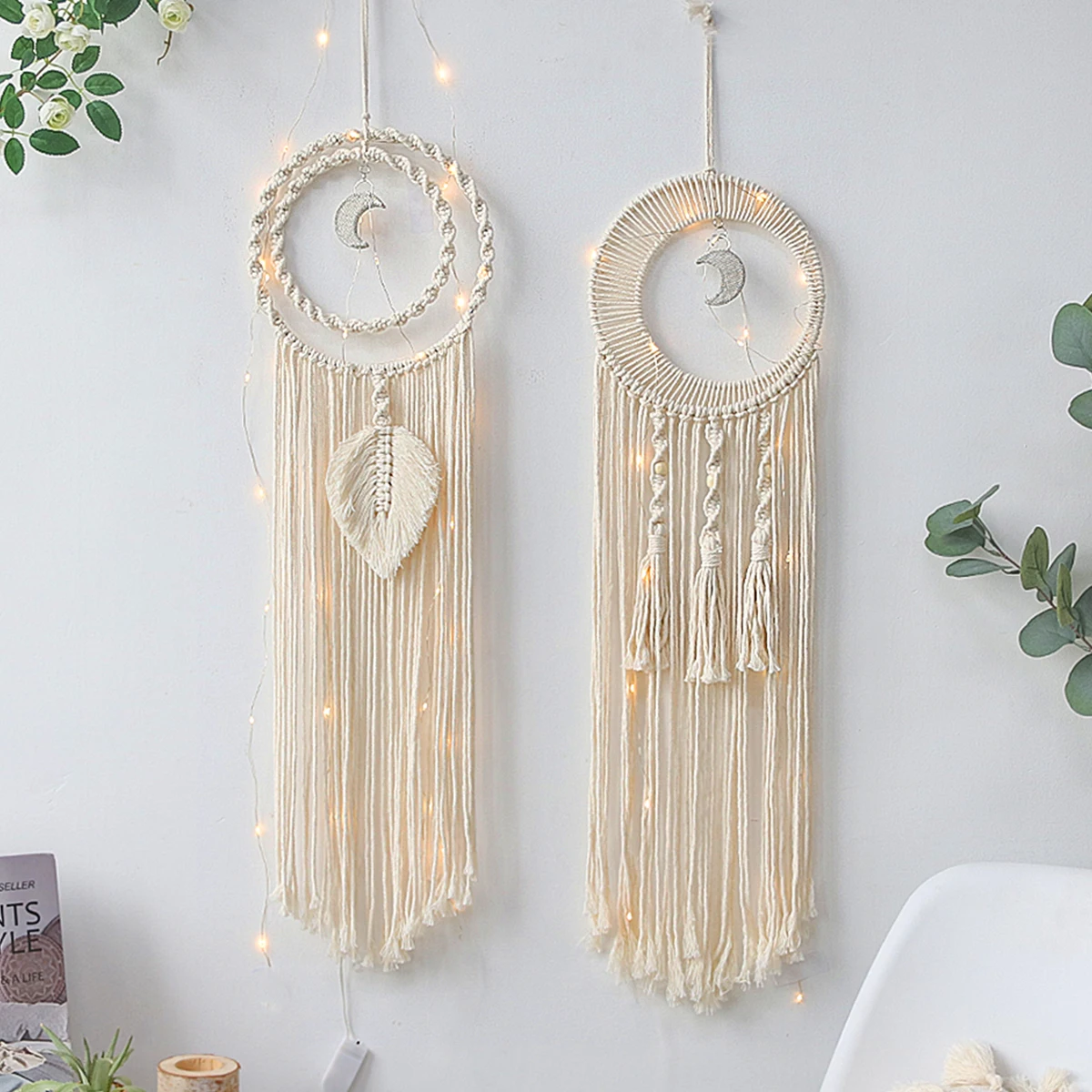 Macrame Dream Catcher with Lights Boho Home Decor Moon Ramadan Decoration Macrame Wall Hanging Baby Nordic Room Decoration