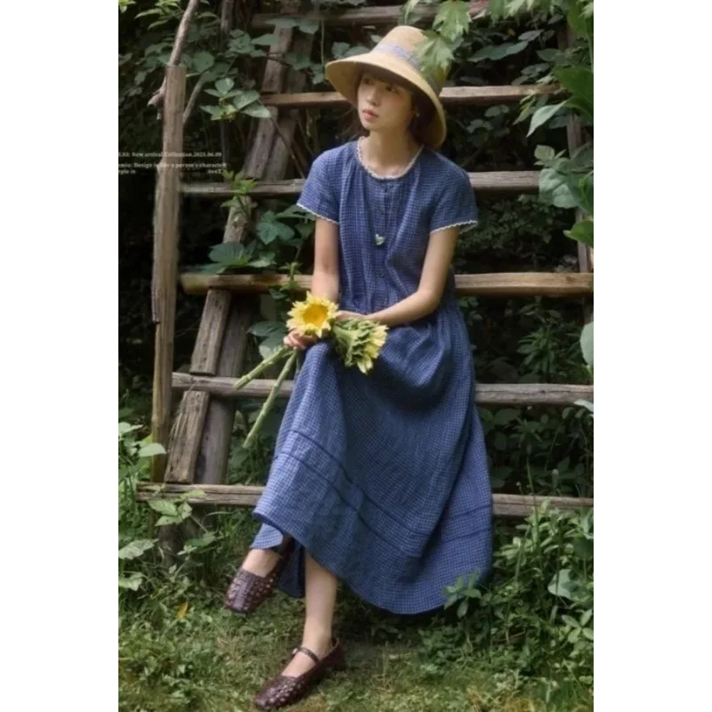 Damska sukienka maxi w kratkę z krótkim rękawem, falbankami, elastyczną talią, codzienna letnia sukienka w stylu boho.