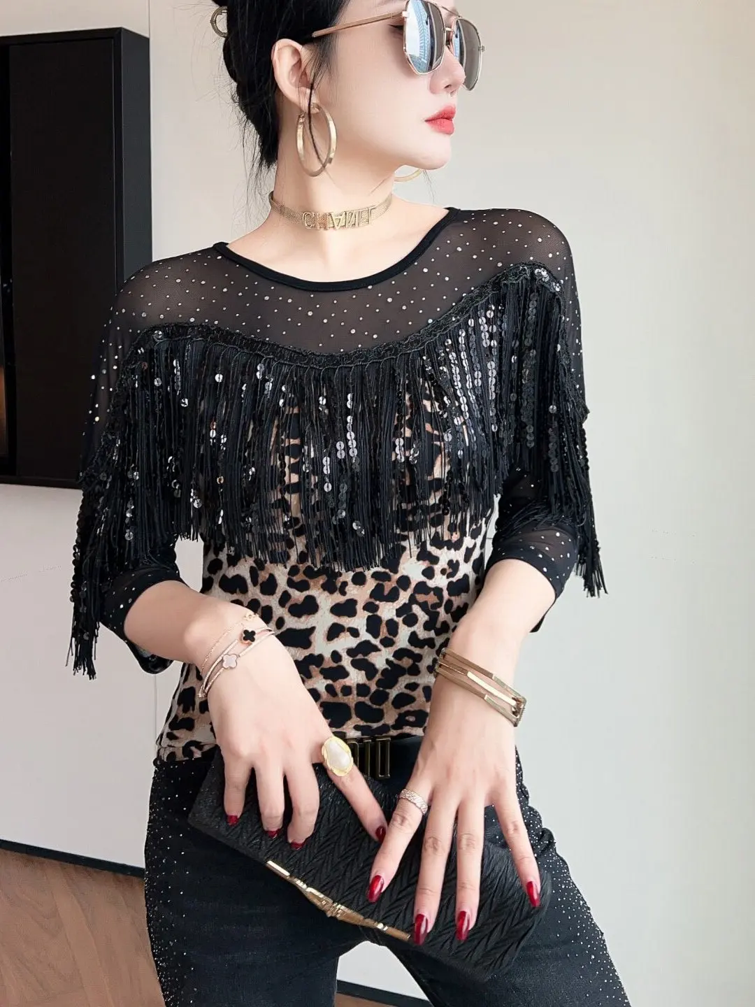 Summer Trend Women's T-Shirt Sequin Lace Trim mid Sleeve Rhinestone Embellished Fashionable Korean Style Slim Fit round Neck Top