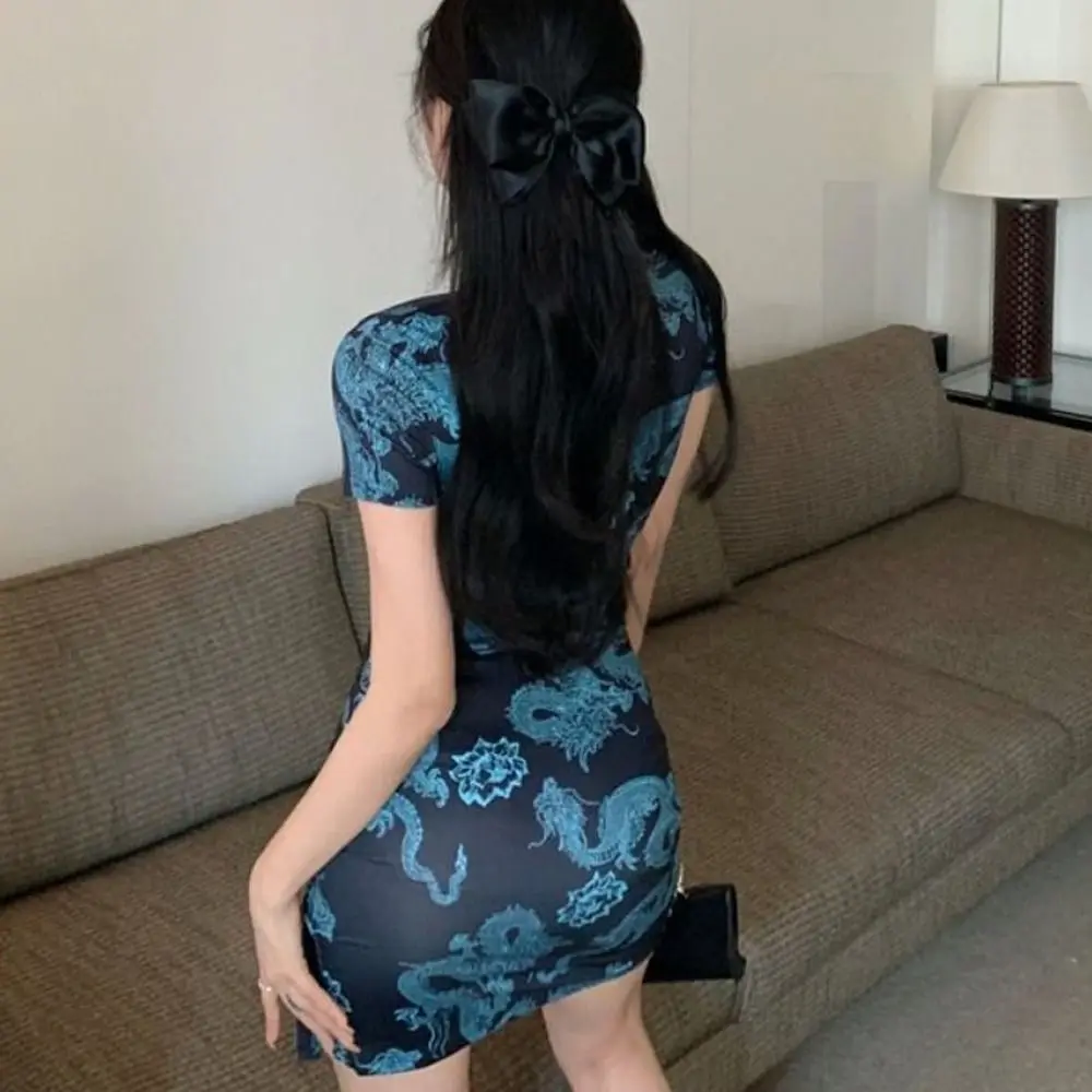 Kısa kollu ejderha baskı Cheongsam Retro Forking Vintage çin Cheongsam elbise ince kadın giyim parti dışarı holslim