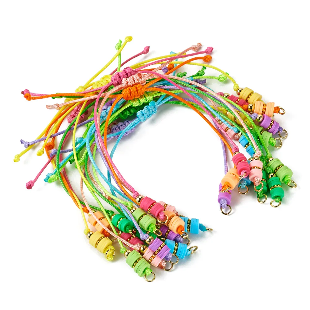 16Pcs Braided Waxed Polyester Cord Adjustable Link Bracelet Makings with Polymer Clay & Brass Beads Fit for Connector Charm