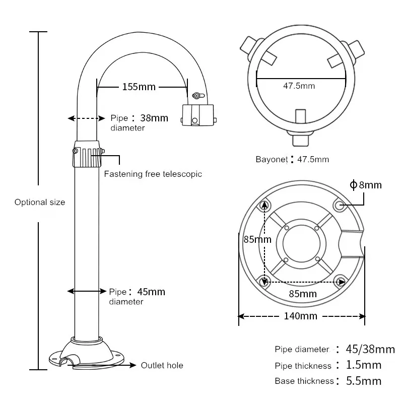 Suporte de montagem de câmera dome de alta velocidade em forma de u, haste de extensão vertical, espessamento de câmera de segurança, suporte telescópico