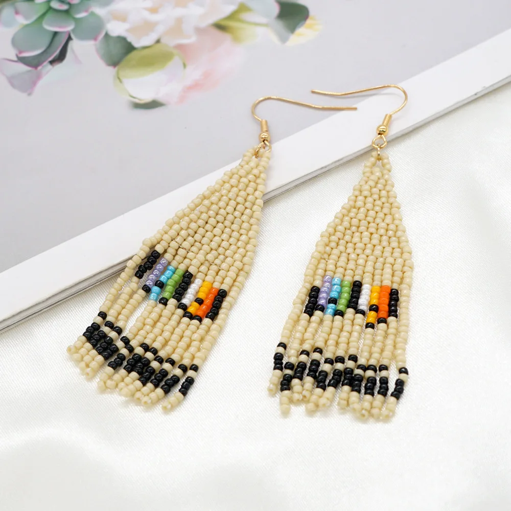 Hand Weaving Rice Bead Earrings Bohemia Retro Simplicity Geometry Sunflower Leaf Butterfly Tassel Alloy Ma'am Earrings