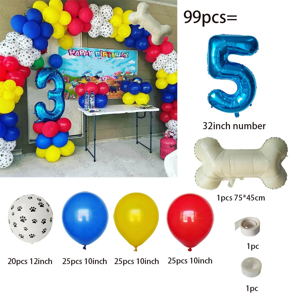 Ballons en latex en forme de patte de chien drôle Sophia, fournitures de décoration de fête d'anniversaire, jouets pour enfants, numéro bleu, animal de compagnie, 99 pièces