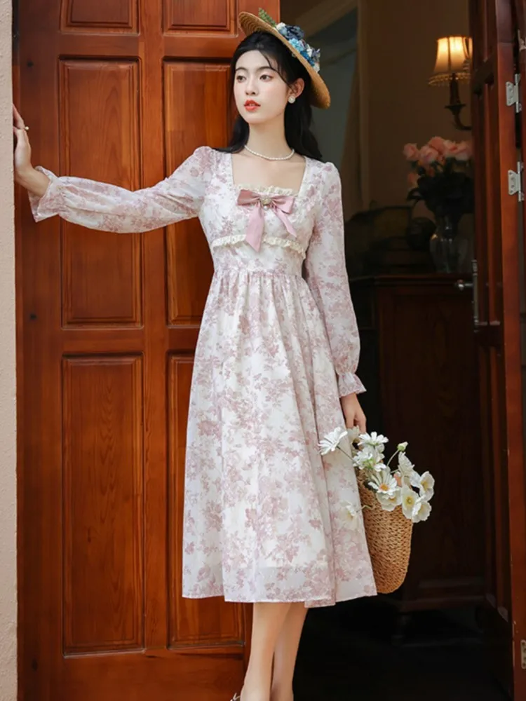 Sweet Pink Princess Dress Vintage Bow Petal Sleeve Floral Print Flattering Waist Romantic Lady Midi Dresses Robe Rose Vestidos