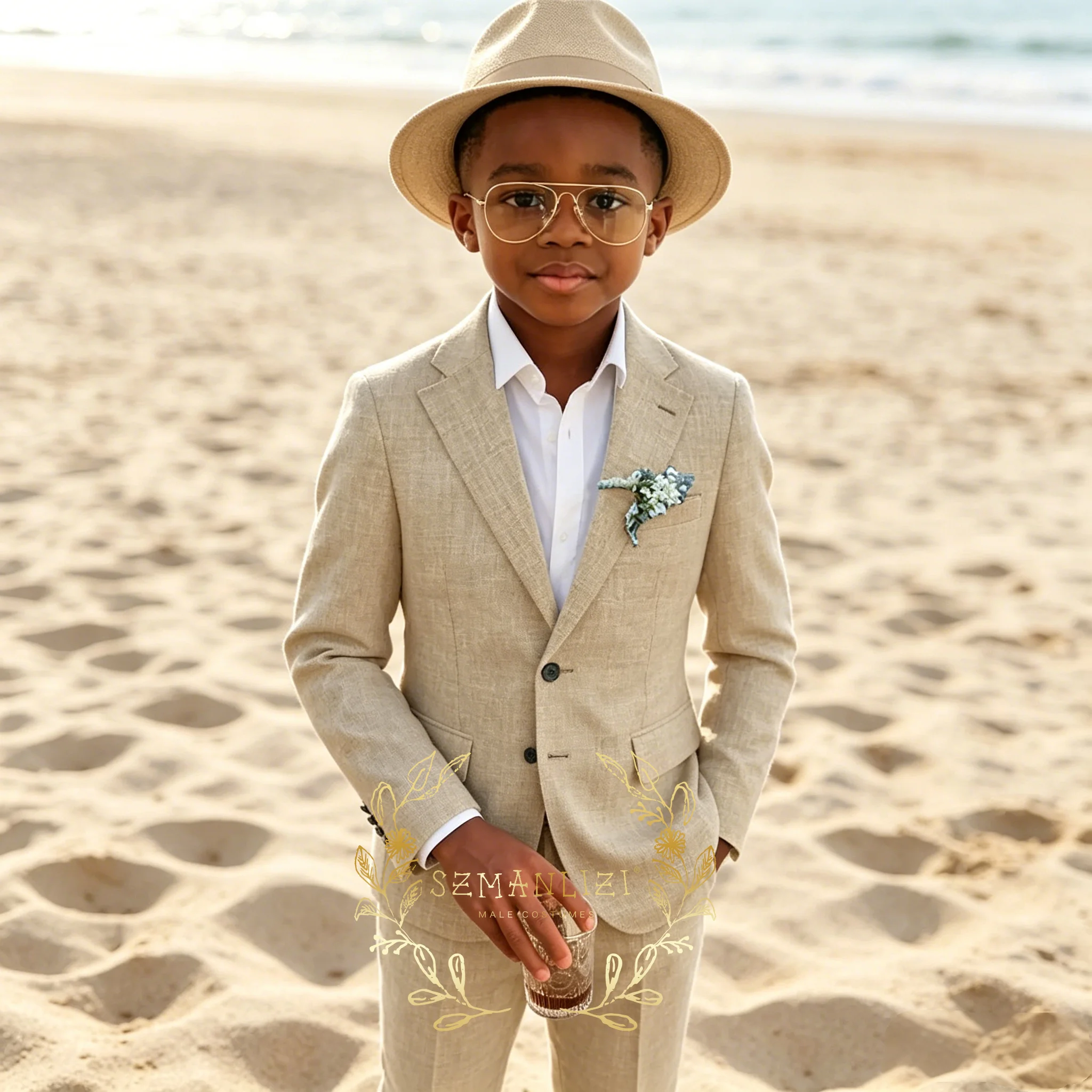 

Beige Linen Boy Suits Fashion Notched Lapel Single Breasted Blazer Pants Formal Wedding Tuxedo Daily Casual Beach Kids Clothes