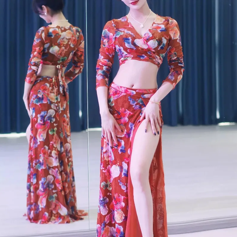 customized Pumpkin colored lace mesh double layered large swing skirt one-piece belly dance costume East