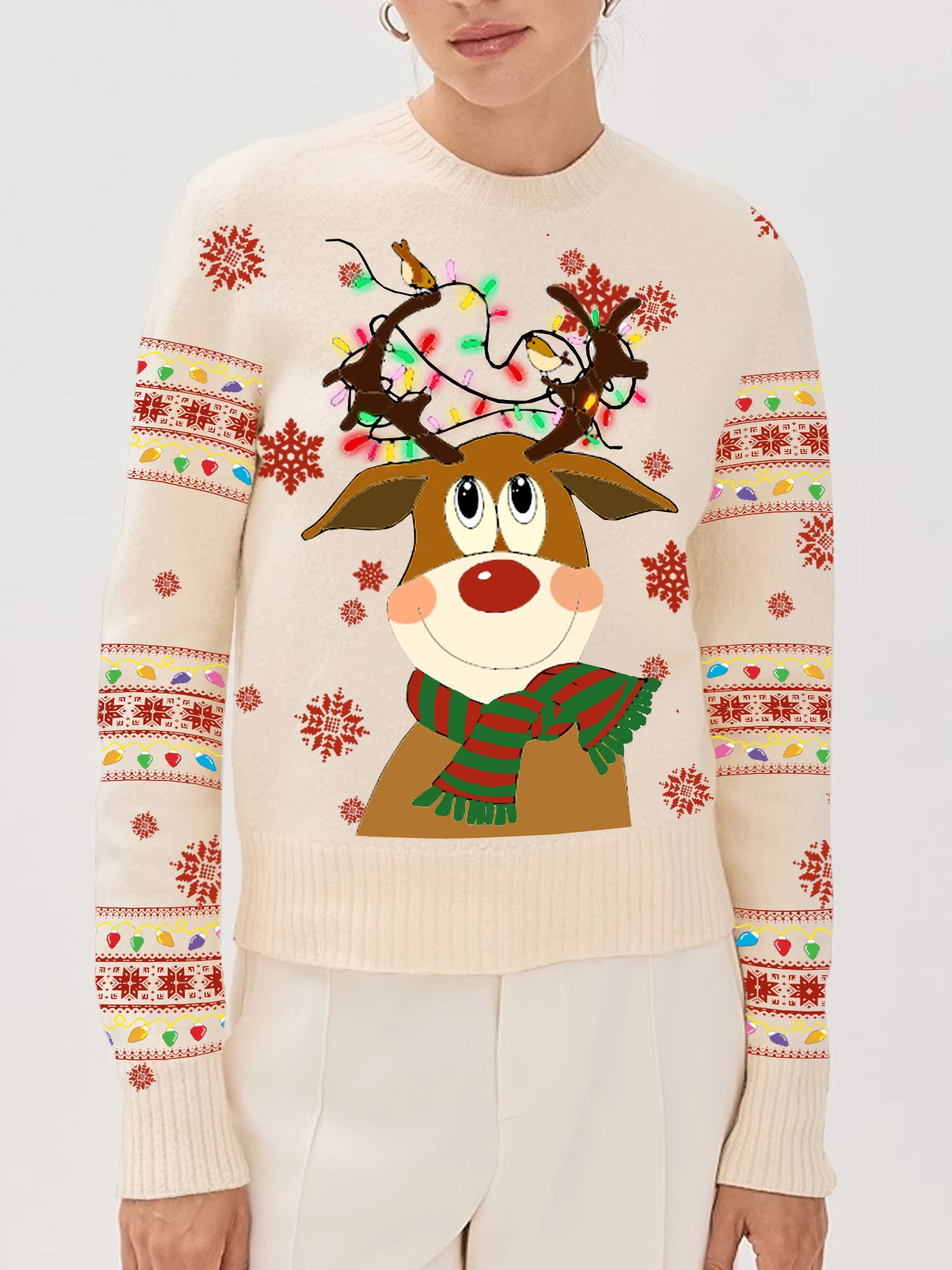 ผู้หญิงเสื้อฤดูหนาว Reindeer เสื้อกันหนาวคริสต์มาสลูกเรือคอยาวแขนยาว Slim Pullover ถักเสื้อลําลอง 2000s Streetwear