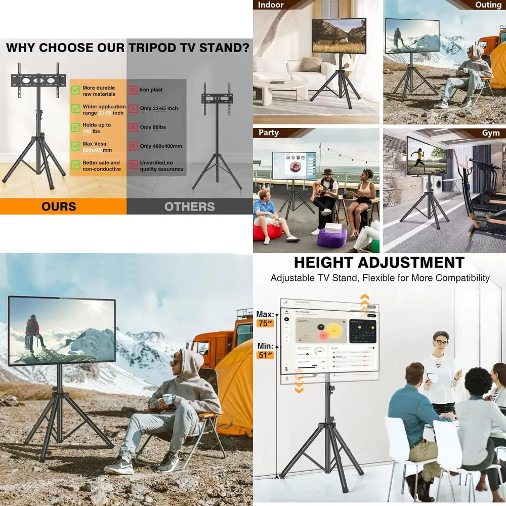 

Tripod TV Stand for 23-75 inch Flat Screen/Curved TVs up to 100 lbs, Outdoor TV Stand with ±15° Tilt, Height Adjustable Portable