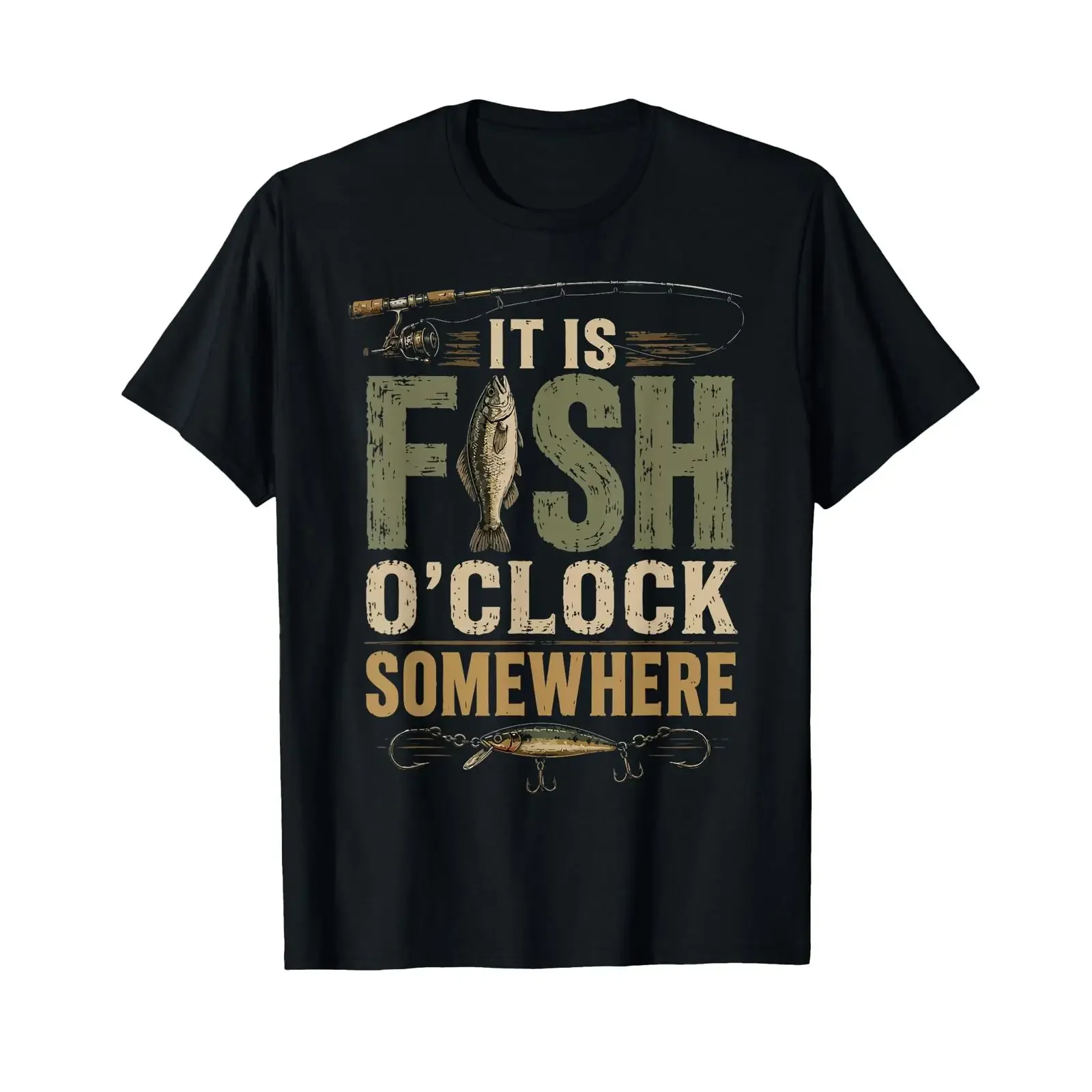 It is Fish Oclock Somewhere Funny Fisherman Bass T Shirt vintage Washed homme Casual Slightly Stretched designer clothes