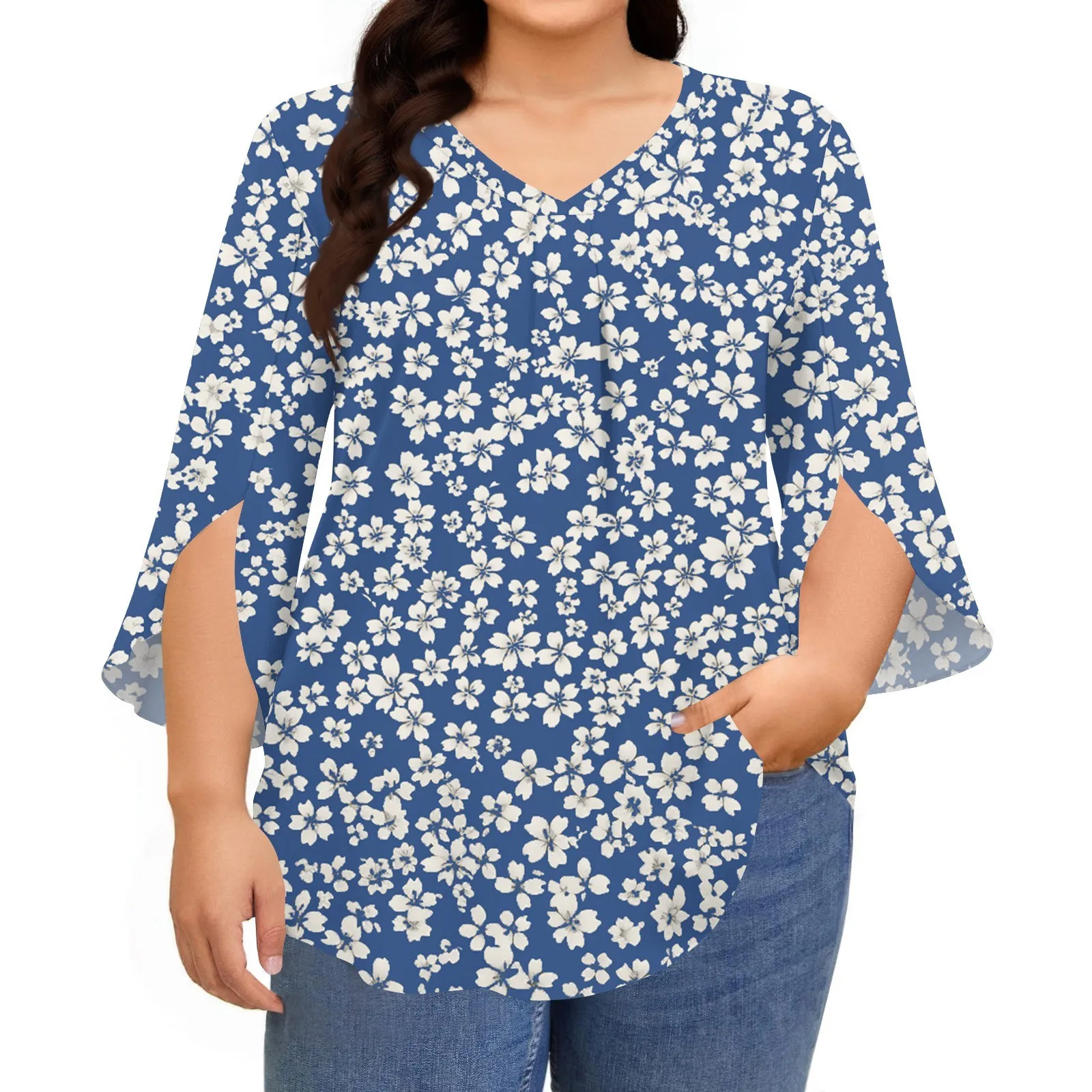 Plus size T-shirts women's fashion printed tops v-neck three-quarter sleeves t shirts spring autumn casual pullover tops