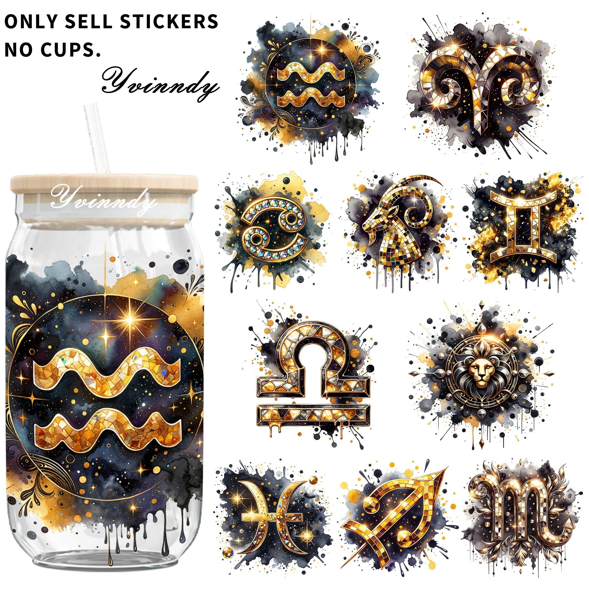 

Набор из 4 модных наклеек с двенадцатью знаками зодиака для кружек 16 унций, УФ-печать DTF. Водонепроницаемый и устойчивый к царапинам