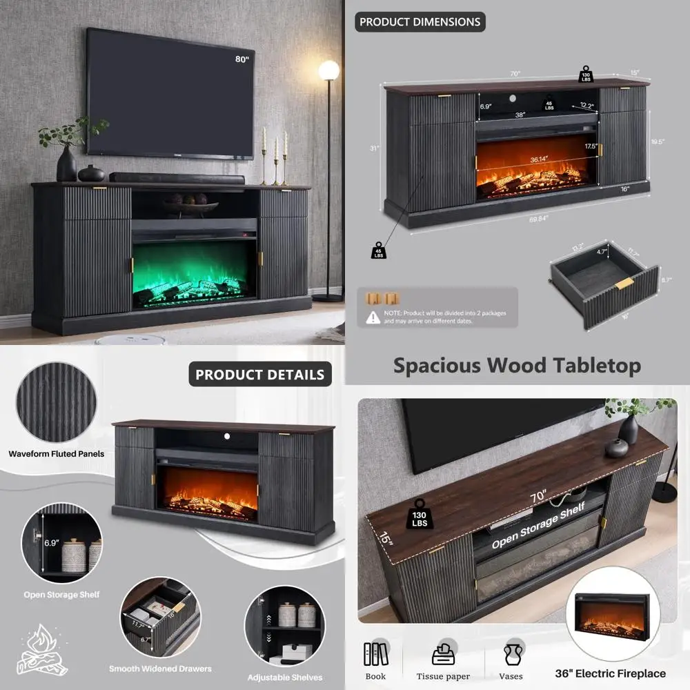 حامل تلفزيون مدفأة كهربائية لأجهزة تلفزيون 80 بوصة، 36 تصميم عصري مخدد، 31 مركز ترفيه طويل مع درجين وقابل للتعديل #1