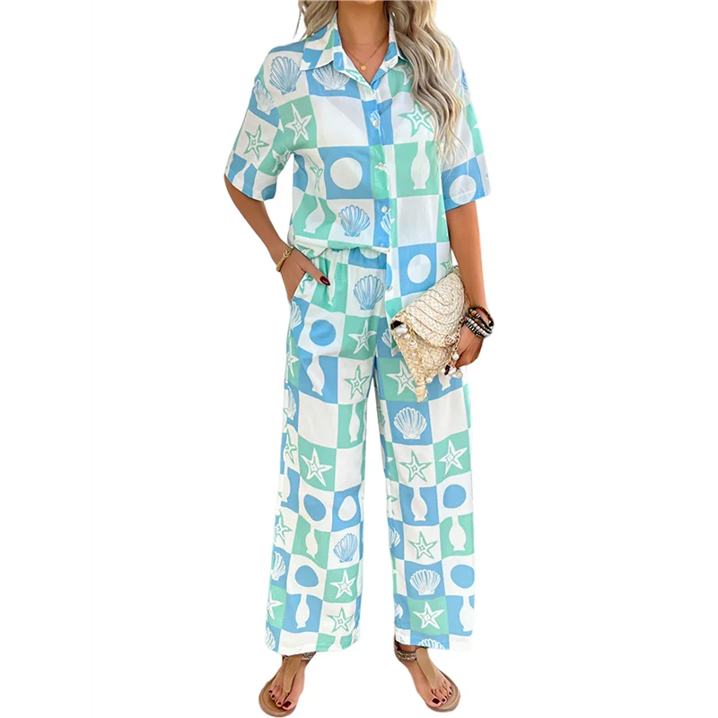 A83F-Women's Short Sleeve Button Down Shirt Printed Tops Lounge Shorts Summer Beach Tracksuit 2 Pcs Set