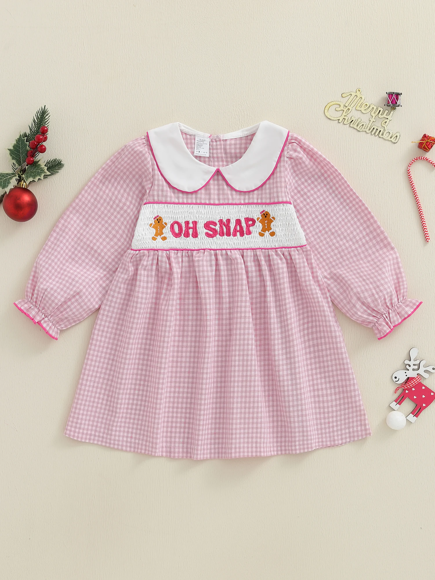Gaun Kotak-kotak Tartan untuk Bayi Perempuan dengan Bordir Gingerbread yang Meriah dan Kerah Peter Pan untuk Perayaan Natal