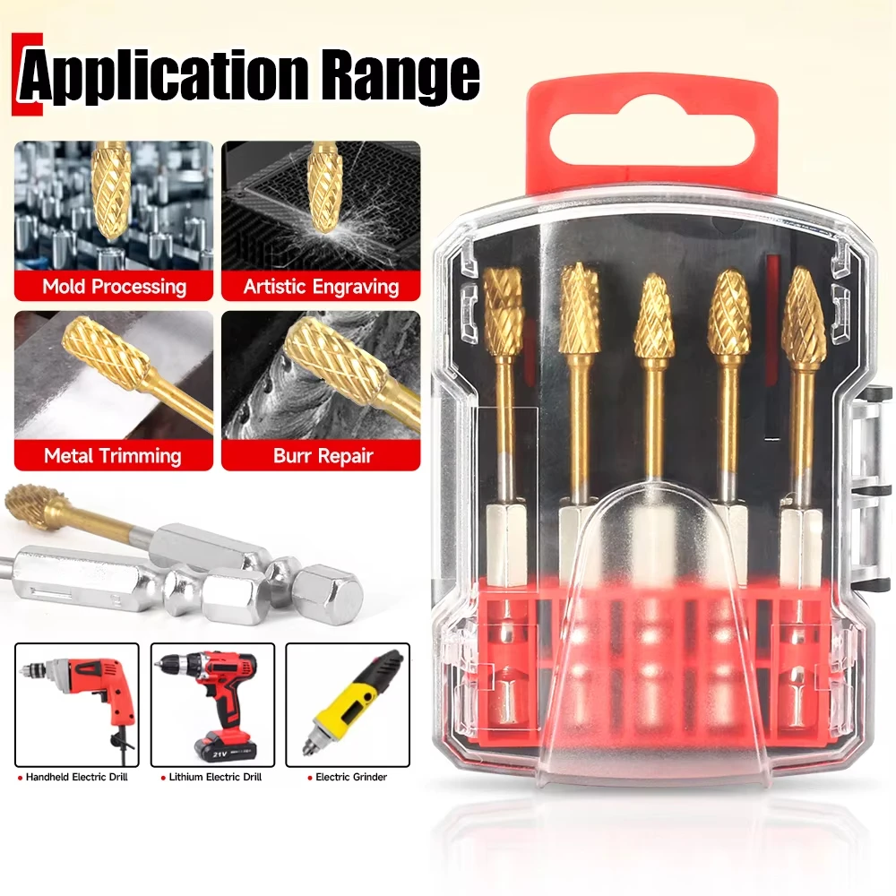 

10PCS Titanium Carbide Burr Set for Metal Wood Stone Engraving and Deburring with Convenient 1/4 Inch Shank Rotary Tool Bits