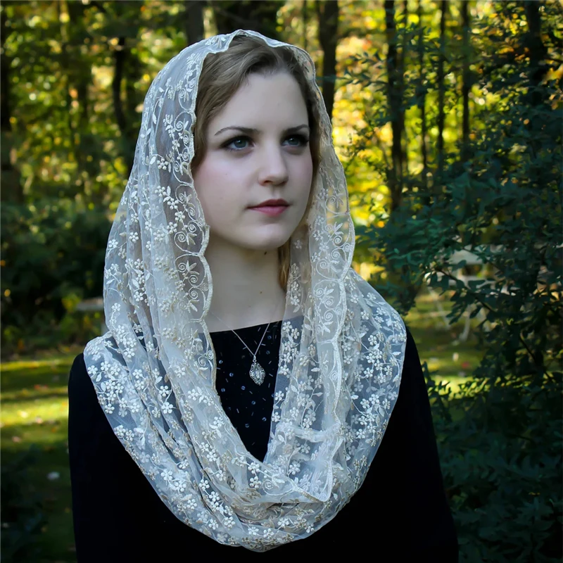 Black Navy Champagne Floral Mantilla Mass Catholic Veils Head Covering For Women Infinity Embroidered Lace Vintage Little Daisy image 4