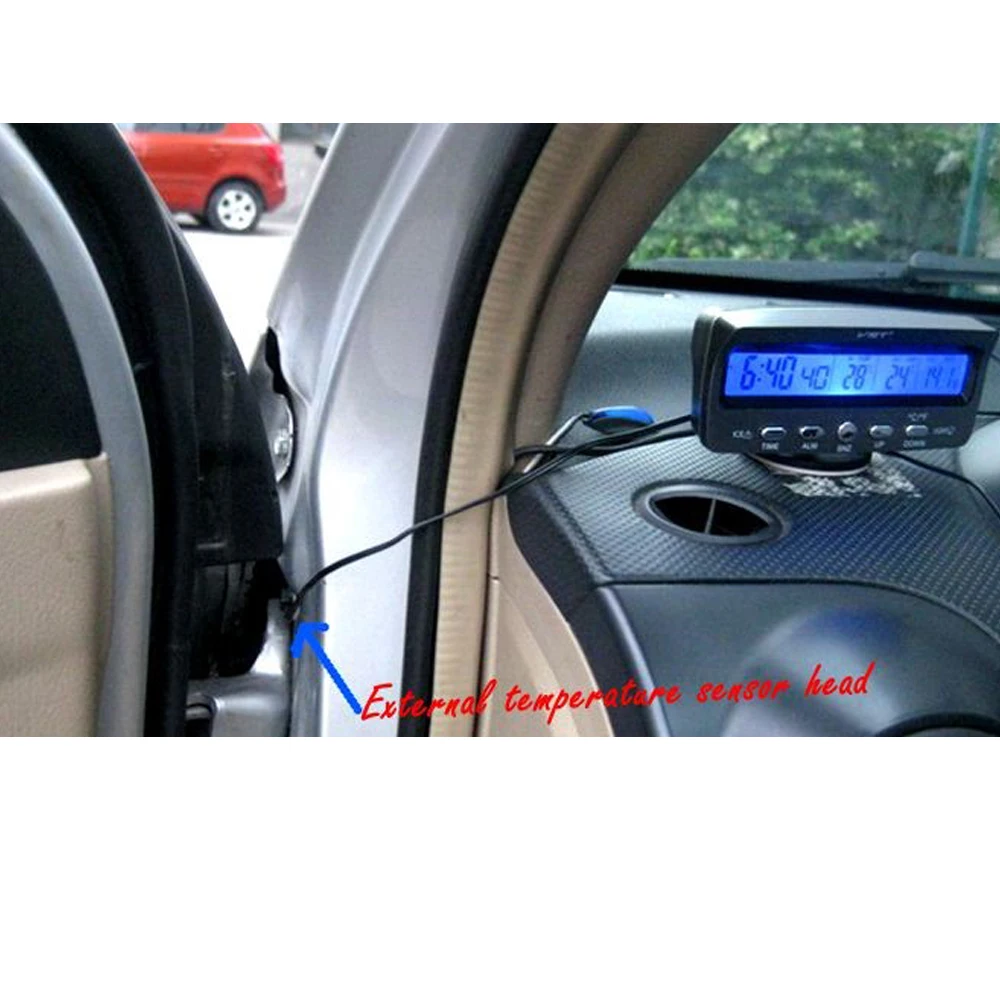 Grey ABS Car Thermometer Voltage Alarm Dual Color Backlight Indoor Outdoor Temp Meter 2M Cigarette Lighter Extension Cord