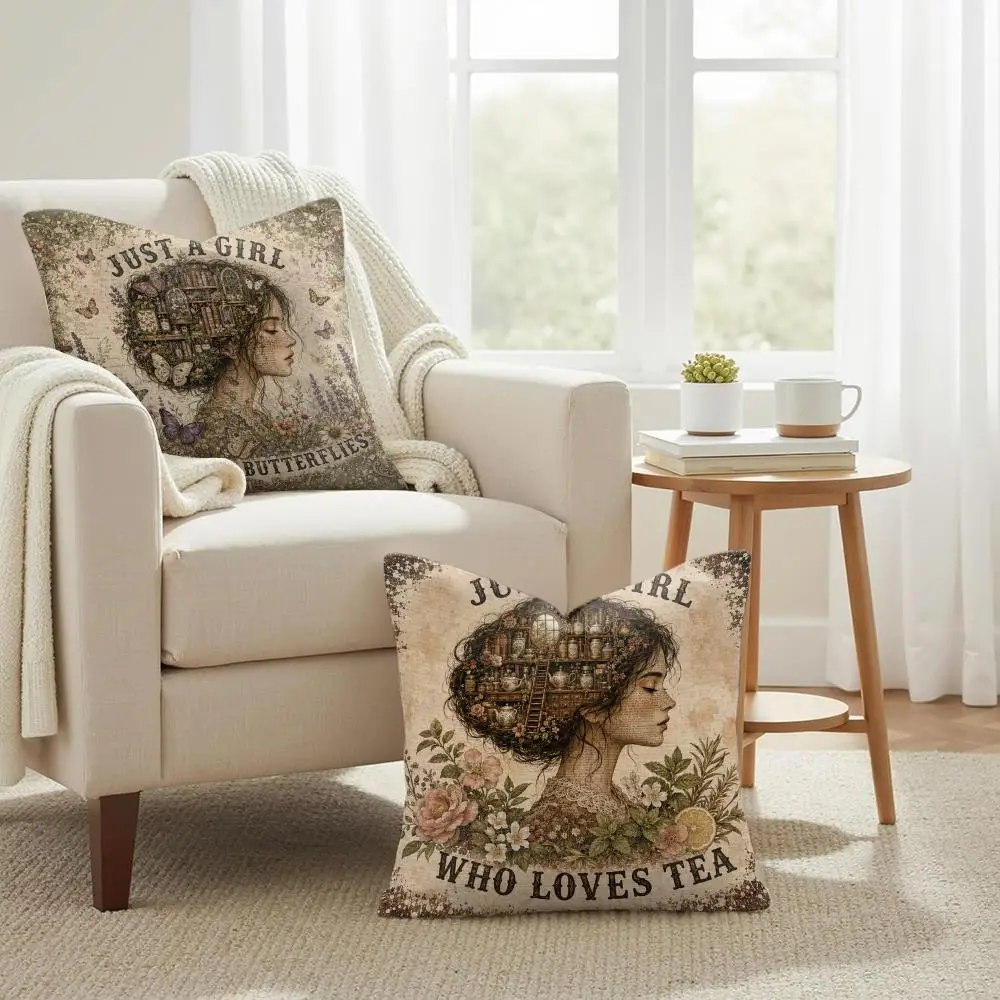 Vintage Girl Hobby Library Cushion Cover Summer Coolness Linen Organic Fabric Sofa Pillow Case Double-Sided Printing Home Decor