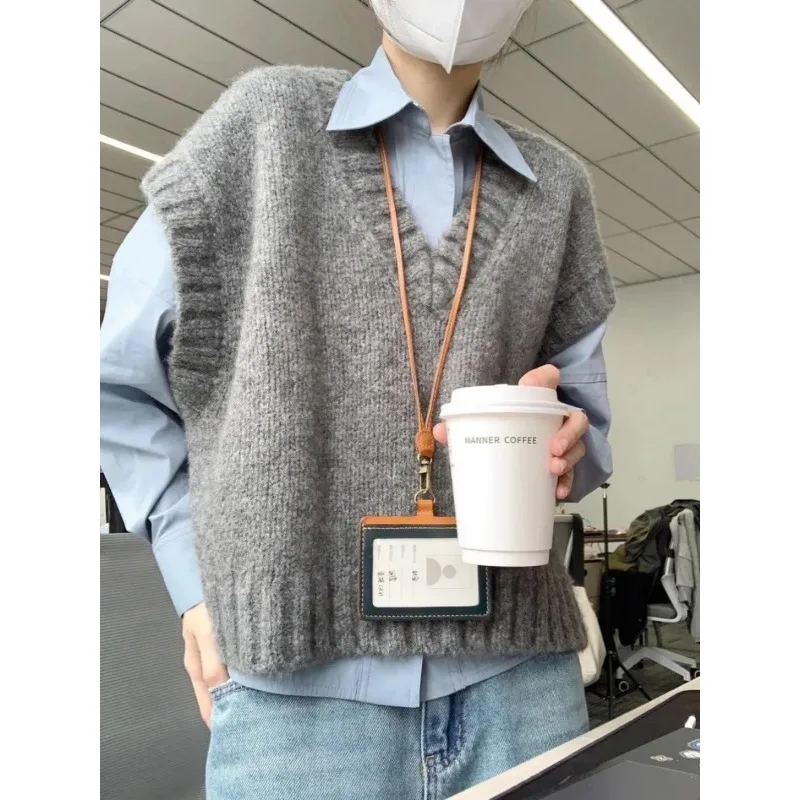 

Women Spring Autumn Lazy Style Knit Vest Set With Single Breasted Shirt Korean Fashion Two Piece Outfit
