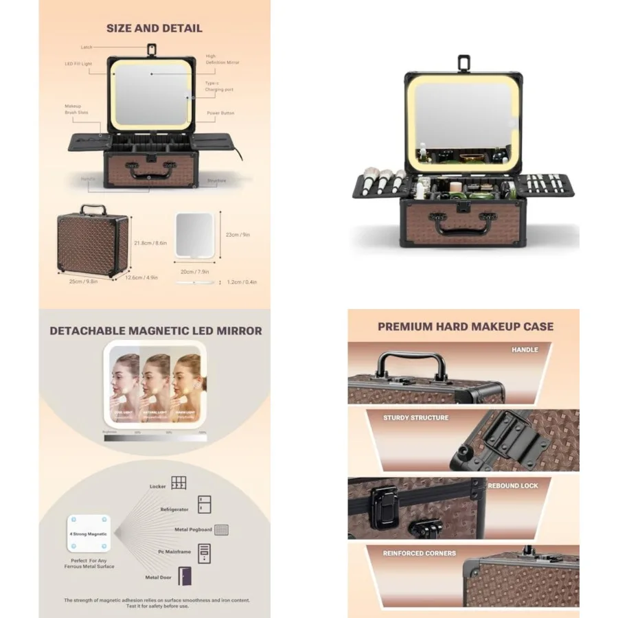 

Makeup Box with A Detachable Lighted Mirror, Waterproof Travel Train Case, Cosmetic Organizer and Makeup Suitcase with Adjustab